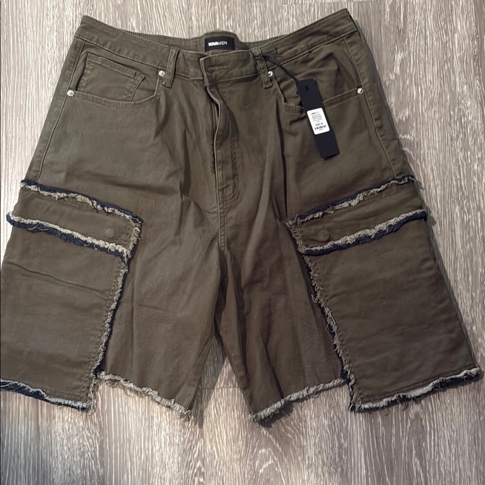 Men's Olive Green Distressed Shorts